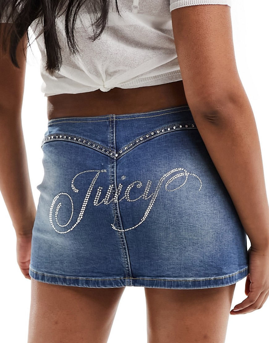Juicy Couture diamante stretch denim micro skirt in mid blue