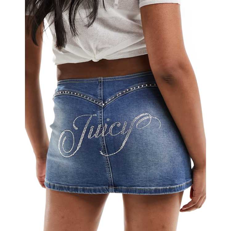 Juicy Couture diamante stretch denim micro skirt in mid blue ASOS