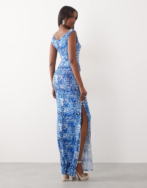 Juicy Couture exclusive diamante logo side split maxi dress in blue leopard print, 2 of 4