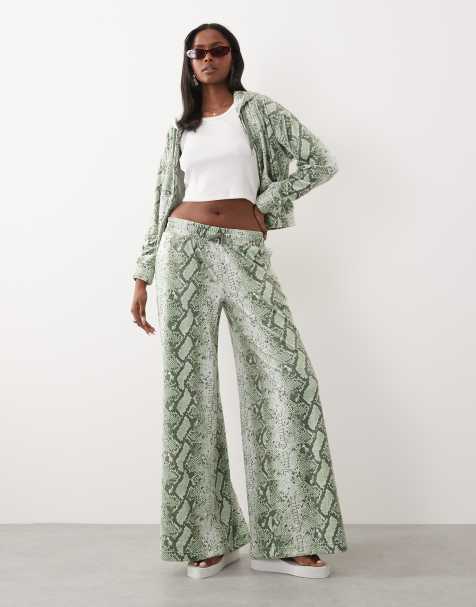 Juicy Couture exclusive velour diamante logo wide leg trackies in green snake (part of a set) - view 1