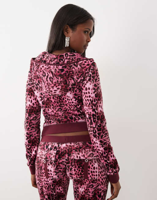 Juicy Couture - Exclusivité - Sweat à capuche d'ensemble zippé en velours à imprimé léopard - Rose, 2 de 4