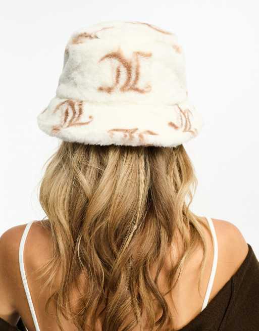 Juicy Couture faux fur mono bucket hat in cream, 3 of 4