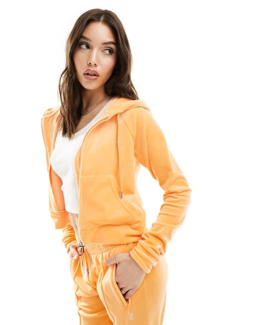 Juicy Couture Felpa con cappuccio della tuta in velour color papaya con zip e strass in coordinato ASOS