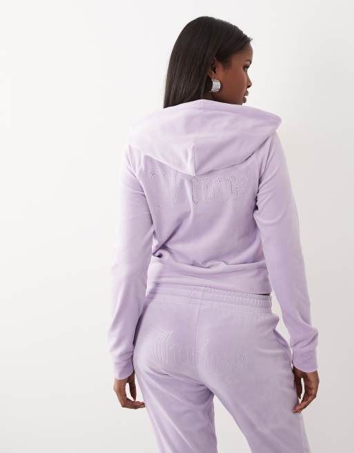 Juicy Couture - Felpa con cappuccio e zip in velour lilla con logo e strass in coordinato, 2 di 4