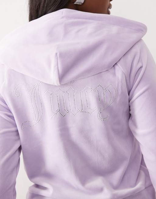 Juicy Couture - Felpa con cappuccio e zip in velour lilla con logo e strass in coordinato, 3 di 4