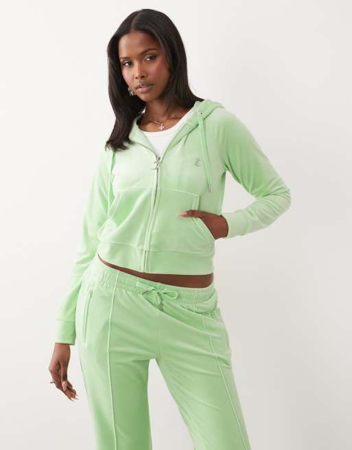 Juicy Couture - Coordinato in velour verde lime con felpa con cappuccio, zip e logo con strass, pantaloncini e joggers, 3 di 4