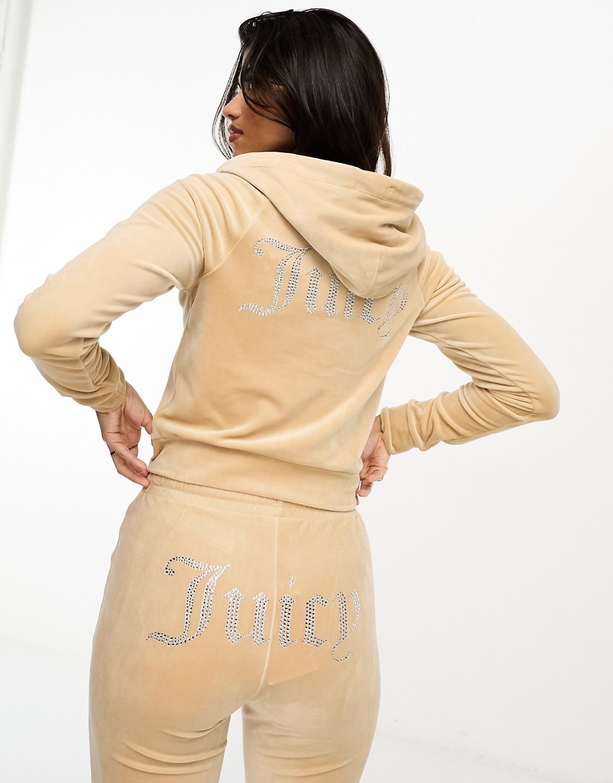 juicy couture - felpa con cappuccio in velour beige chiaro con zip in coordinato-neutro