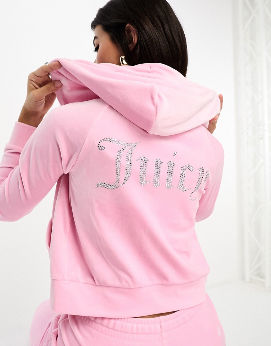 juicy couture - felpa con cappuccio in velour rosa con zip in coordinato-nero