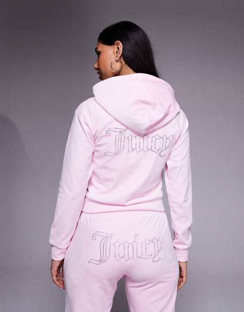Juicy Couture - Felpa con cappuccio in velour rosa confetto con zip e logo in strass in coordinato - view 1