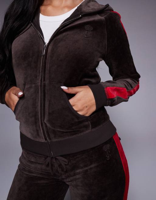 Juicy Couture - Felpa con cappuccio marrone e rossa con riga laterale e zip in coordinato, 3 di 4