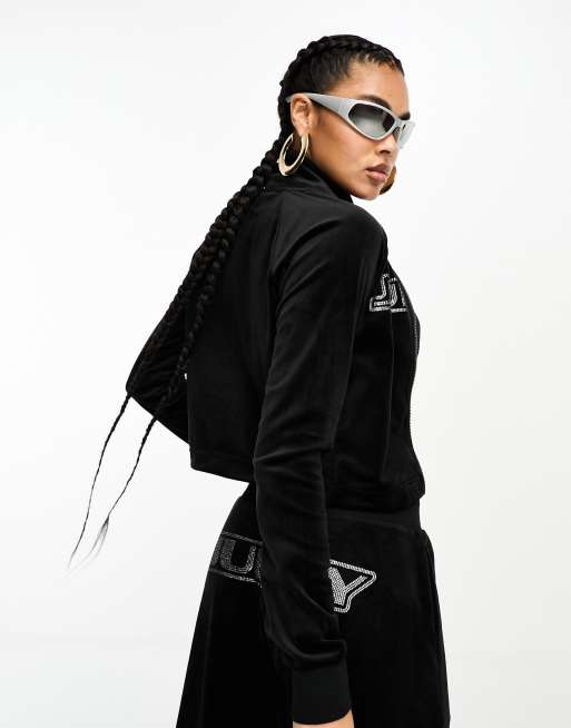 Juicy Couture - Felpa in velour nera con zip e logo in strass in coordinato, 4 di 4