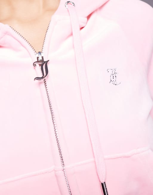 Juicy Couture - Felpa in velour rosa con cappuccio, zip e logo in strass, 3 di 4