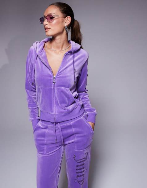 Juicy Couture – Fioletowa zapinana na zamek bluza welurowa z kapturem i zdobieniem z kryształków, część zestawu - view 1