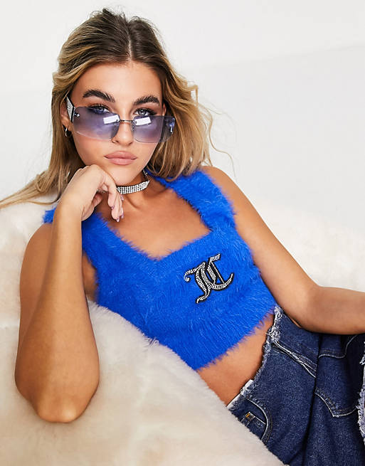 Juicy Couture fluffy knitted crop top with diamante detail in blue