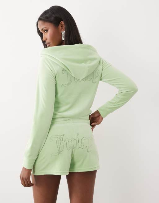 Juicy Couture – Gröna shorts i velour med strasslogga, del av set, 2 av 5