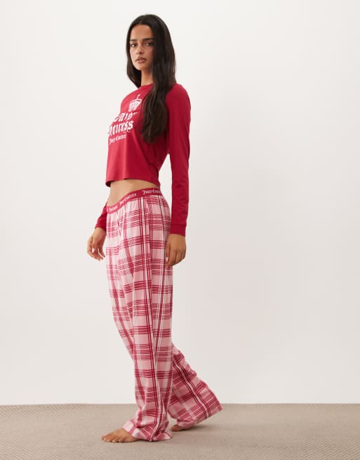 Juicy Couture Heiress completo pigiama con logo, maniche lunghe e girocollo, a quadri rosa, 3 di 4