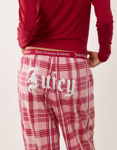 Juicy Couture Heiress logga pyjamasset med långa ärmar och rund halsringning i rosa rutmönster - view 1