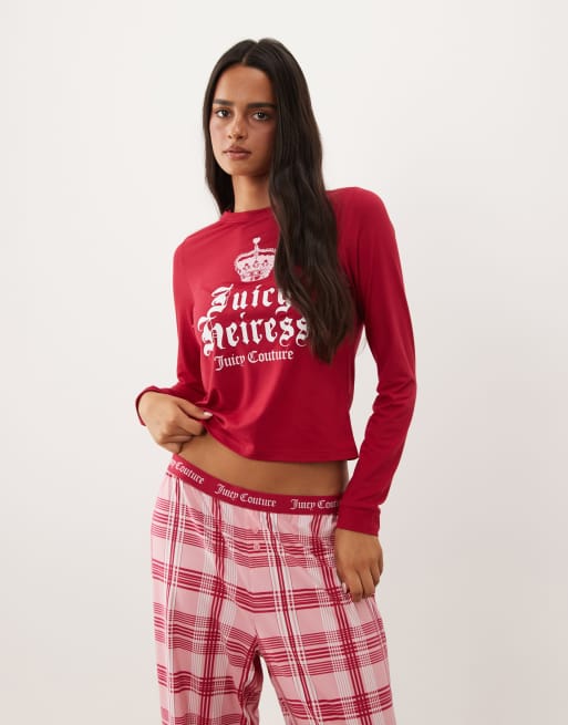 Juicy Couture Heiress Pyjama-Set mit Logo, langärmelig, Rundhalsausschnitt, in rosa Karoprint, 2 von 4