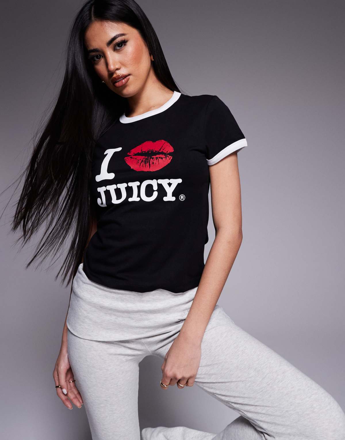 Juicy Couture I kiss jc fitted ringer t-shirt in black