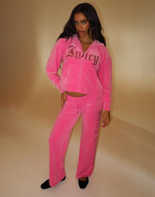 Juicy Couture - Iccle - Set met hoodie met rits en diamanten old gothic logo en joggingbroek in felroze, 2 van 3