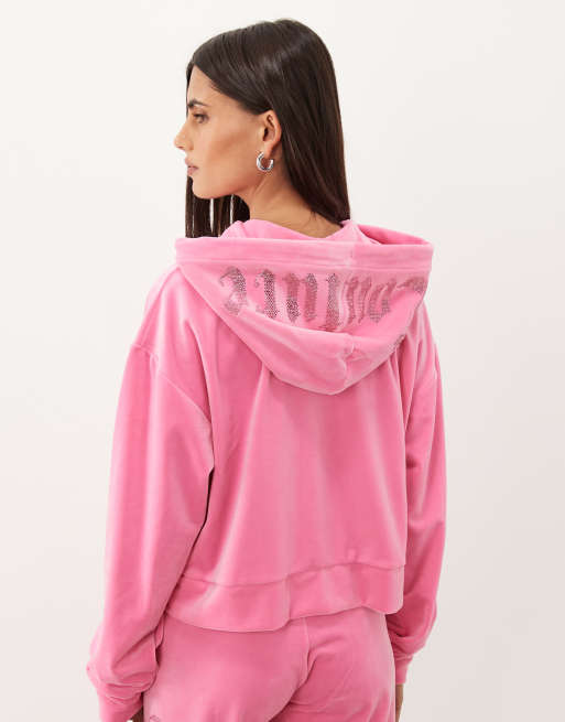 Juicy Couture Iccle felpa con cappuccio coordinata con zip e logo in strass rosa acceso, 4 di 4