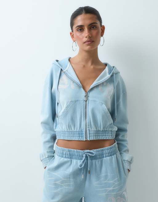 Juicy Couture - Annen - Aangerimpelde hoodie en joggingbroek met logo van siersteentjes in denim blauw met wassing, 3 van 3