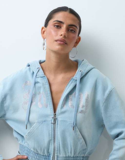 Juicy Couture Iccle washed logo con strass felpa con cappuccio con zip blu denim, 3 di 5