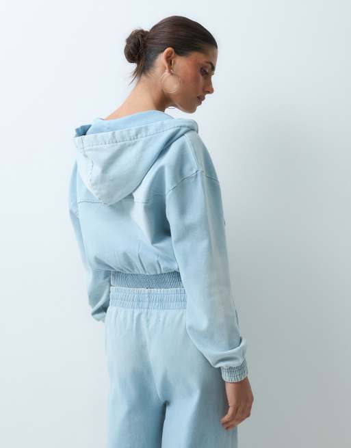 Juicy Couture Iccle washed logo con strass felpa con cappuccio con zip blu denim, 5 di 5