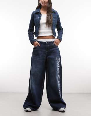 Jean droit taille basse à logo à strass - Bleu moyen délavé W28