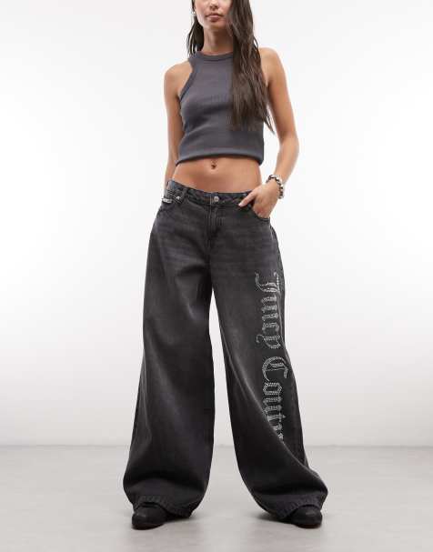 Juicy Couture - Jeans dritti a vita bassa nero slavato con logo in strass - view 1