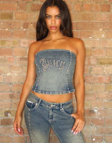 Juicy Couture jeansowy gorsetowy top z ćwiekami i logo w jasnoniebieskim odcieniu - view 1
