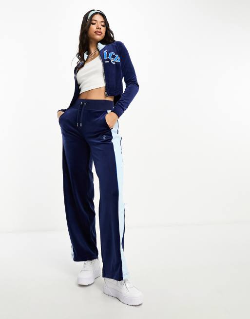 Juicy Couture - Juicy dritti in velour blu con logo stile college in coordinato