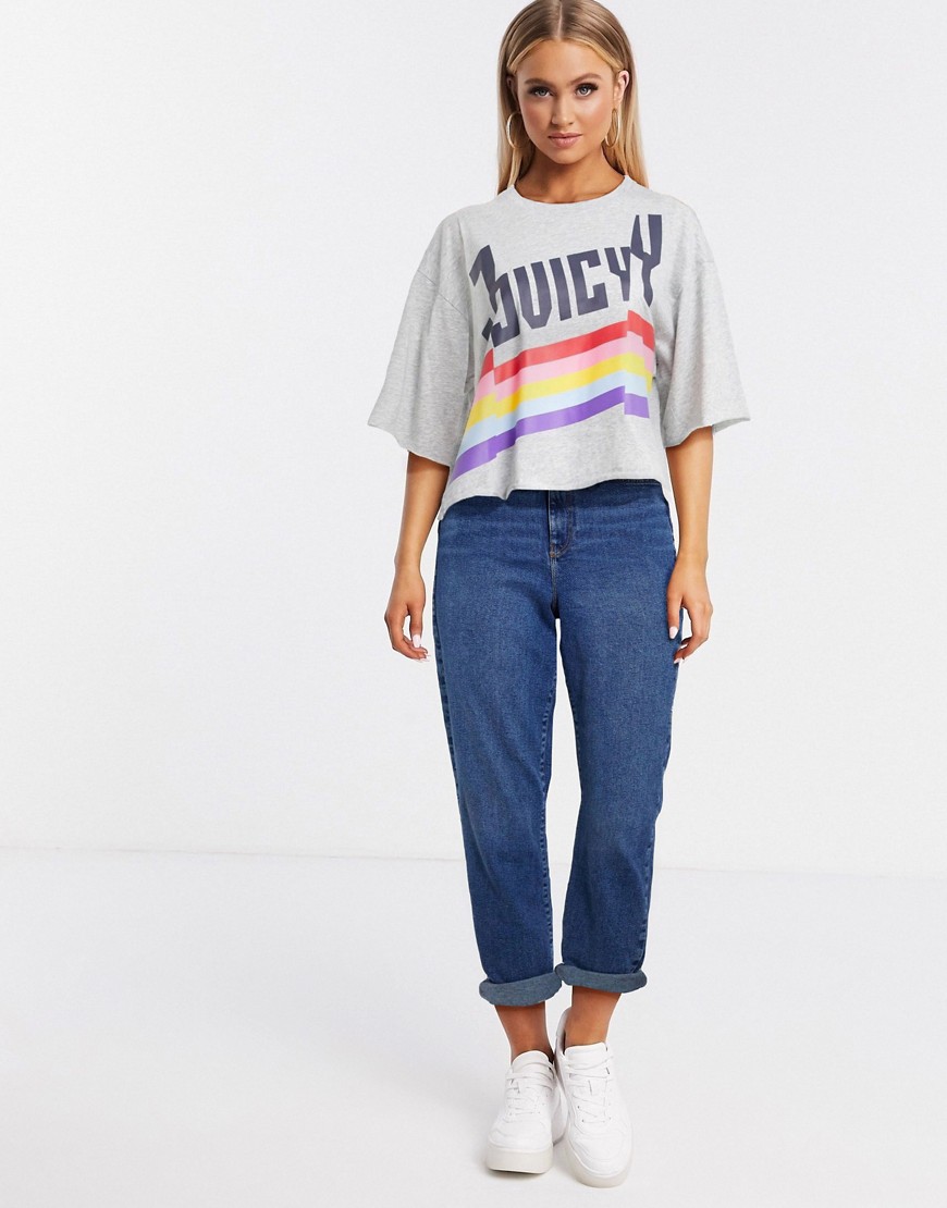 Juicy Couture – Jxjc – Mysig t-shirt med delad Juicy-logga och regnbågstryck-Silver