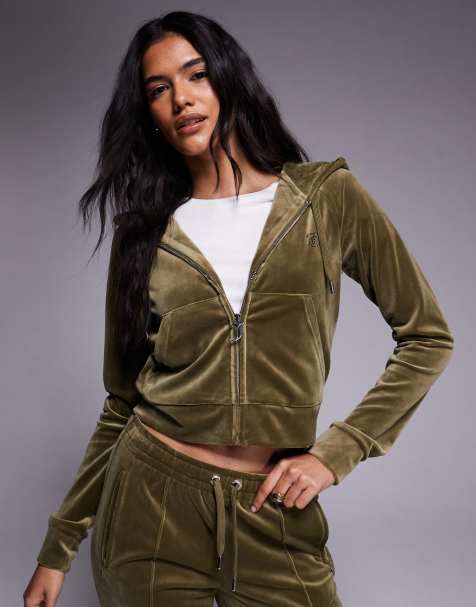 Juicy Couture – Kapuzenjacke in Khaki mit Reißverschluss und Strass-Logo, Kombiteil - view 1