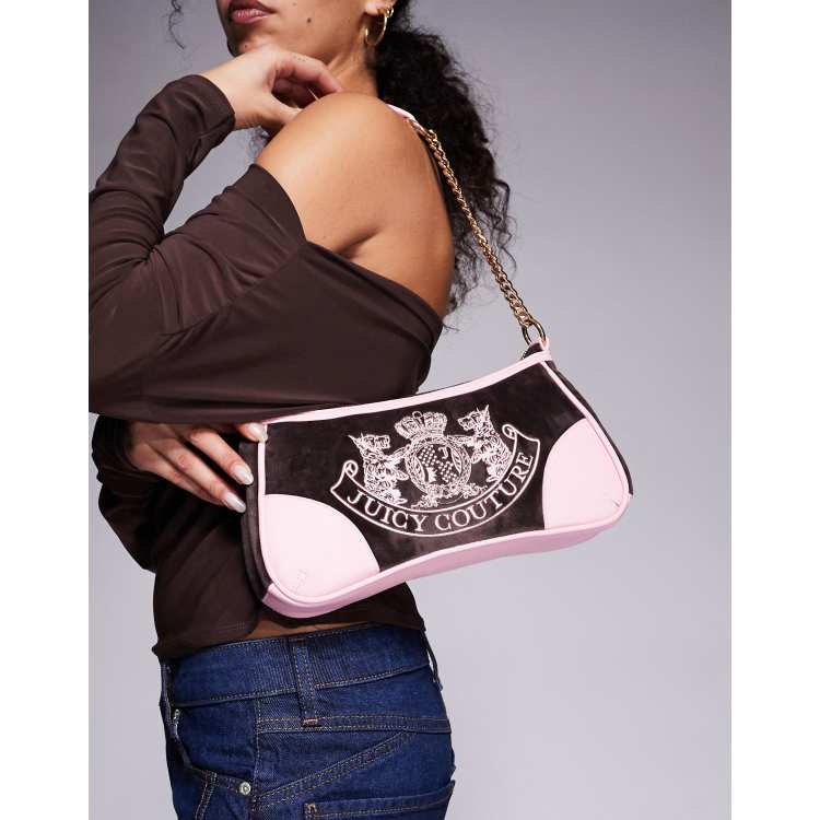 Juicy Couture Kayla velour heritage logo handbag in brown/pink | ASOS