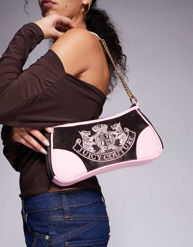 Juicy Couture Kayla velour heritage logo handbag in brown/pink | ASOS