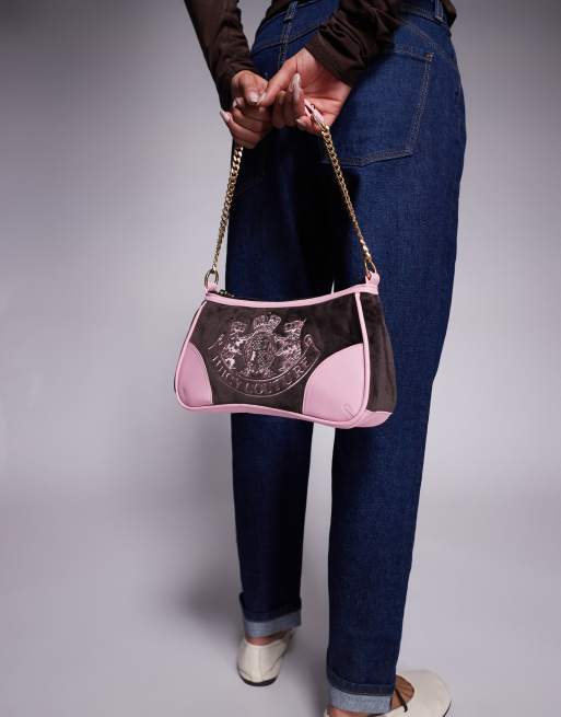 Juicy Couture Kayla velour heritage logo handbag in brown/pink | ASOS