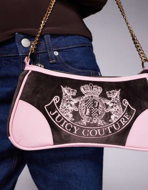 Juicy Couture Kayla velour heritage logo handbag in brown/pink | ASOS
