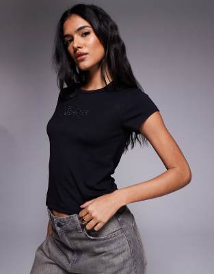 Juicy Couture - Knapp geschnittenes T-Shirt in Schwarz mit Umriss-Logo mit Strassverzierung