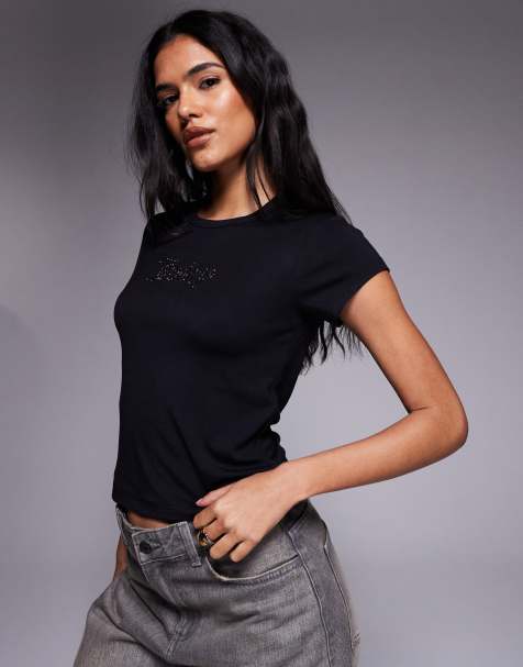 Juicy Couture – Knapp geschnittenes T-Shirt in Schwarz mit Umriss-Logo mit Strassverzierung - view 1
