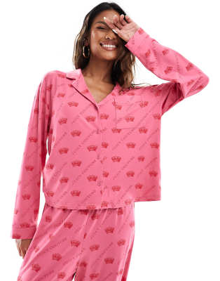 Juicy Couture - Langärmliges Pyjama-Oberteil in Pink mit Kronenmuster und Knopfleiste-Rosa