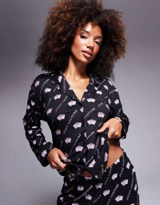 Juicy Couture - Langärmliges Pyjama-Oberteil in Schwarz mit Kronenmuster und Knopfleiste