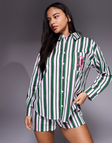 Juicy Couture – Langärmliges Pyjamahemd mit Streifen in Grün und Weiß, mit Logo, Kombiteil - view 1