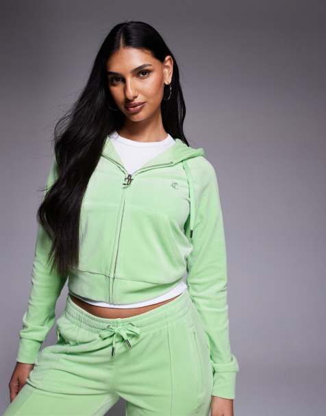 Juicy Couture – Limonkowozielona welurowa bluza z kapturem zapinana na zamek z logo ze strasów, część zestawu - view 1