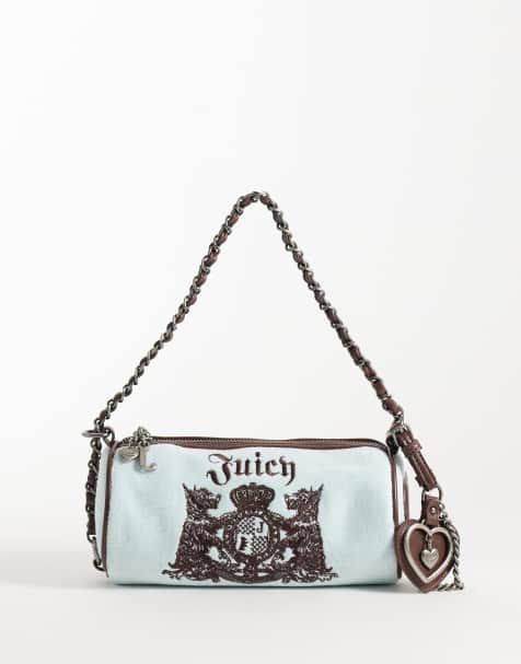 Juicy Couture logo barrel-skuldertaske med charm-detalje i blå og brun - view 1