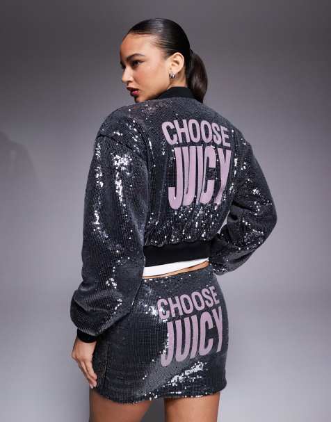 Juicy Couture logo sequin zip through bomber jacket in black