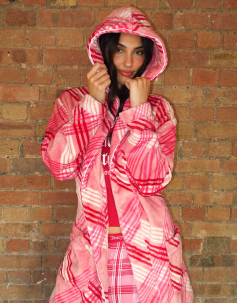 Juicy Couture Lottie plush belted dressing gown in pink check print - view 1
