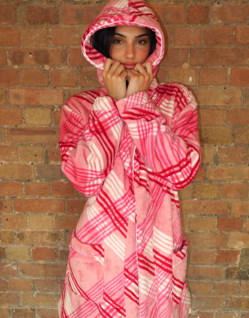 Juicy Couture Lottie plush belted dressing gown in pink check print, 3 of 4