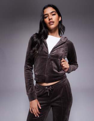 Juicy Couture - Madison - Kapuzenjacke aus Velours in Braun mit Reißverschluss, Kombiteil-Brown
