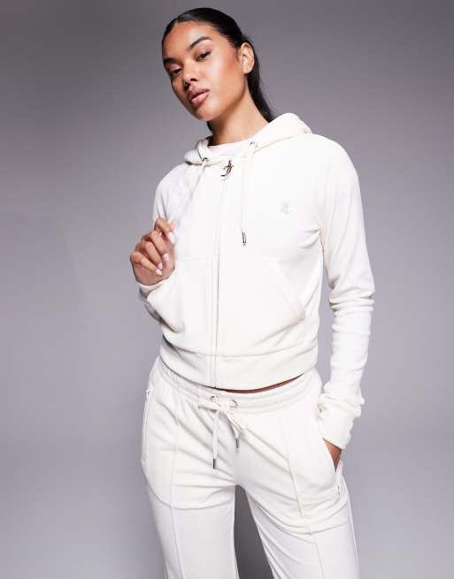 Juicy Couture - Madison - Sweat à capuche d'ensemble en velours avec fermeture éclair et strass au dos - Crème, 2 de 4